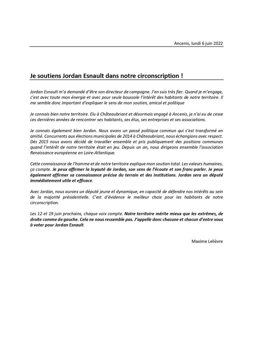 lelievre_maxime's tweet photo. Très fier de m’engager pour mon ami Jordan Esnault qui sera un député immédiatement efficace et utile à notre territoire et à ses habitants. 
#Châteaubriant #Ancenis #Blain #Nozay #Guémené https://t.co/6MBTipBUEy