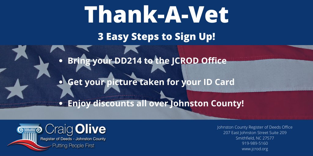 Are you a Veteran? Would you like to participate in Johnston County's Thank-A-Vet Program and get extra discounts from businesses around the county?
If so, come by our office with your DD-214 and get your Thank-A-Vet ID card!
Click here to find out more! bit.ly/2MKz0V7