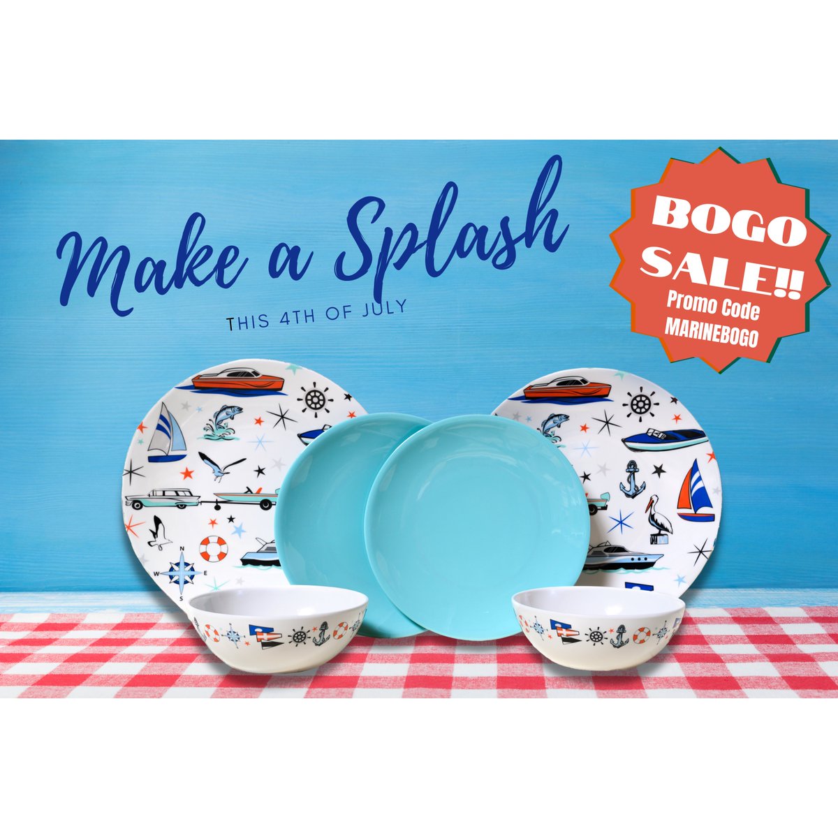 We've been MIA for a while but we are back with a sale!!! Just in time for 4th of July, get our Melamine Marine Dish set buy one get one free!! Use promo code MARINEBOGO. #camping #retro #boating #fishing #vacation #4thofjuly #decor . visit campcasual.com to purchase