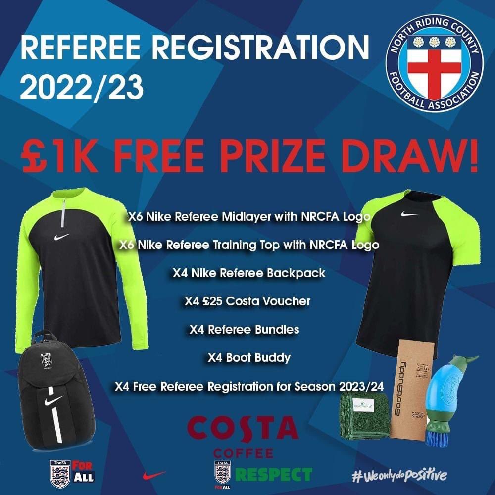 𝙍𝙚𝙛𝙚𝙧𝙚𝙚 𝙍𝙚𝙜𝙞𝙨𝙩𝙧𝙖𝙩𝙞𝙤𝙣 for season 2022/23 is now open and all details have been sent out via email 📩

We're offering a FREE £1K re-registration PRIZE DRAW incentive for all referees that complete their registration by midnight on Friday 15 July 📆

#NRCFAREFDEV