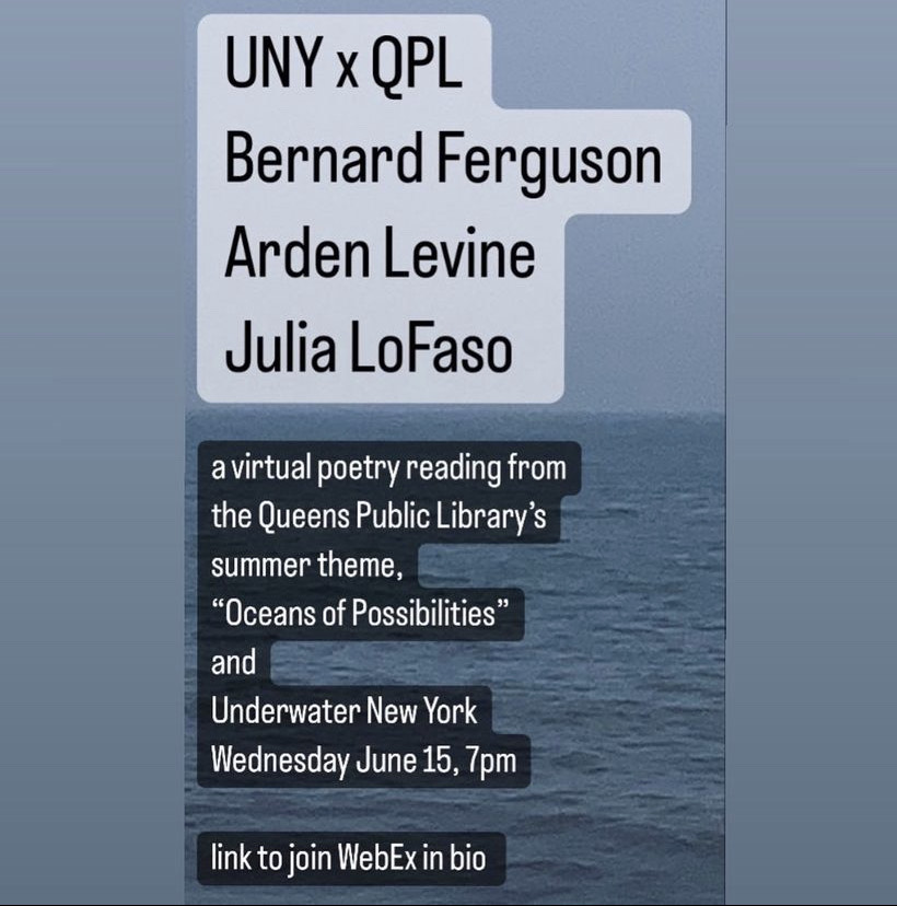 We're thrilled to host a virtual poetry reading with three UNY contributors—Bernard Ferguson, Arden Levine, and Julia LoFaso—for the <a href="/QPLNYC/">Queens Public Library</a>'s summer reading theme, Oceans of Possibilities. Join us on June 15 at 7pm! <a href="/ProjectNard/">b</a> <a href="/JuliaLoFaso/">Julia LoFaso</a>  

queenslibrary.org/calendar/ocean…
