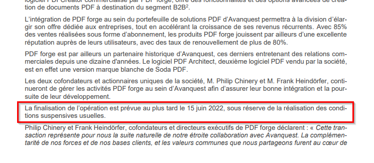 Bracel11's tweet photo. Il reste encore une semaine pour la finalisation du rachat de PDF Forge par @claranova_group . Si aucune news d'ici là c'est que le deal est repoussé ou même annulé ! Une chose est sûre, ça traîne... #Avanquest #sodapdf https://t.co/4s2xKJLYhM