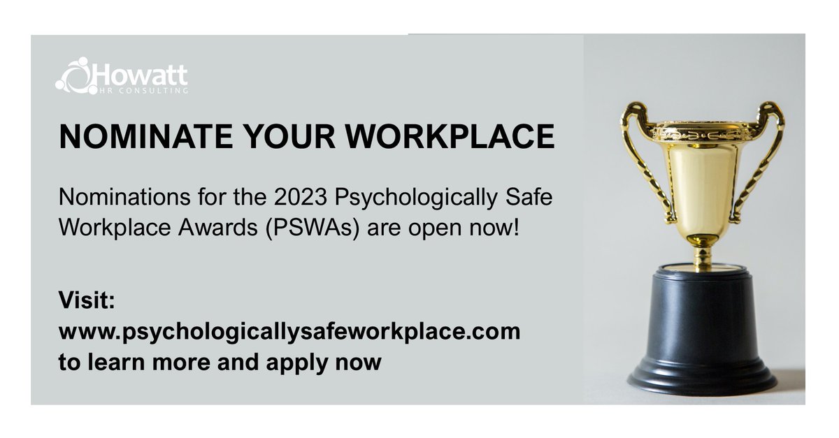 Nominations for the 2023 Psychologically Safe Workplace Awards (PSWAs) are closing soon!  

Register by June 30th/2022 to be eligible.

Learn more and register here - psychologicallysafeworkplace.com/howitworks/

#TalentCanadaMag #OHSCanada #MentalFitnessIndex #psychologicalsafety