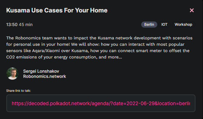Super excited to head to #PolkadotDecoded in Berlin! 
Can't wait for everyone to see <a href="/AIRA_Robonomics/">Robonomics</a>  / <a href="/EnsRationis/">Sergei Lonshakov</a>'s Workshop "Kusama Use Cases For Your Home"💡🤖

📌Don't miss it!: decoded.polkadot.network/agenda/?date=2…
