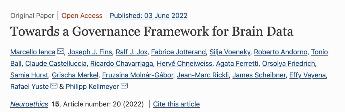 How should we govern #brain data? As a group of 20 international experts in #neuroscience #medicine #ethics #law &amp; #security we proposed a multilevel framework aimed at maximizing benefits for #science &amp; #medicine whilst minimizing #risks. Paper available OA in <a href="/NeuroethicsJ/">Neuroethics Journal</a> 👇