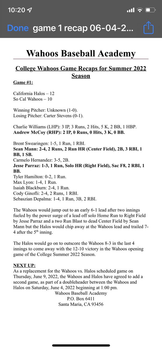 College Wahoos Opening Day 06/04/2022: DH against California Halos.

Game #1 Recap:

Halos – 12
Wahoos – 10
 
Andrew McCoy: 2 IP, 0 Runs, 0 Hits, 3 K, 0 BB.
 
Sean Mann: 2-4, 2 Runs, 2 Run HR, 2B, 3 RBI.

Carmelo Hernandez: 3-5, 2B.

Jesse Parraz: 1-3, 1 Run, Solo HR, 2 RBI.