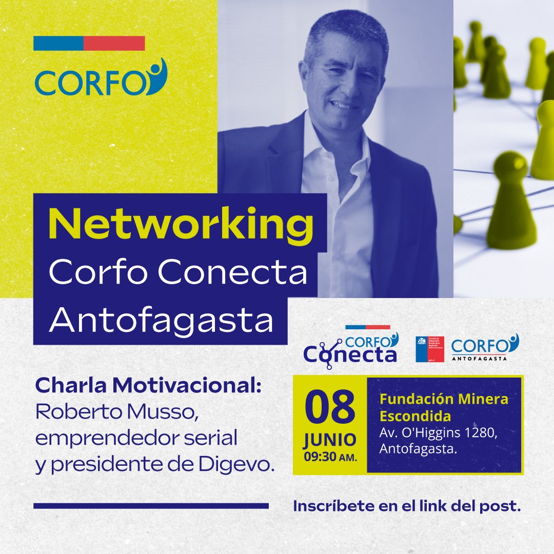 CorfoAntofa's tweet photo. Participa de las diferentes actividades de #CorfoConecta🔁 Espacio de networking donde encontrarás a las instituciones del Ecosistema de Emprendimiento e Innovación.
Inscríbete en https://t.co/xIDM5mYC9p https://t.co/uyOjmJ0t9T