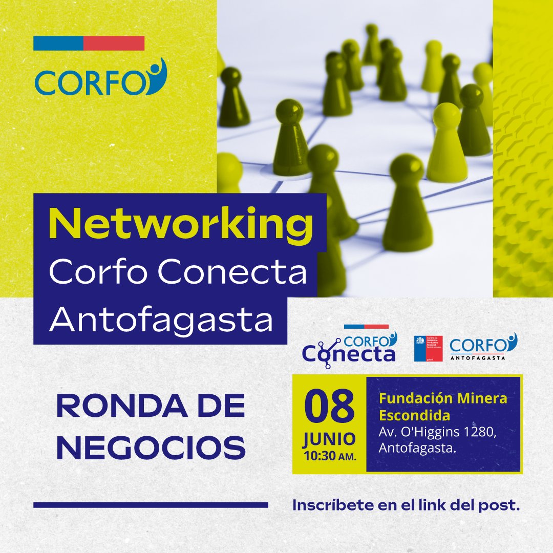 CorfoAntofa's tweet photo. Participa de las diferentes actividades de #CorfoConecta🔁 Espacio de networking donde encontrarás a las instituciones del Ecosistema de Emprendimiento e Innovación.
Inscríbete en https://t.co/xIDM5mYC9p https://t.co/uyOjmJ0t9T