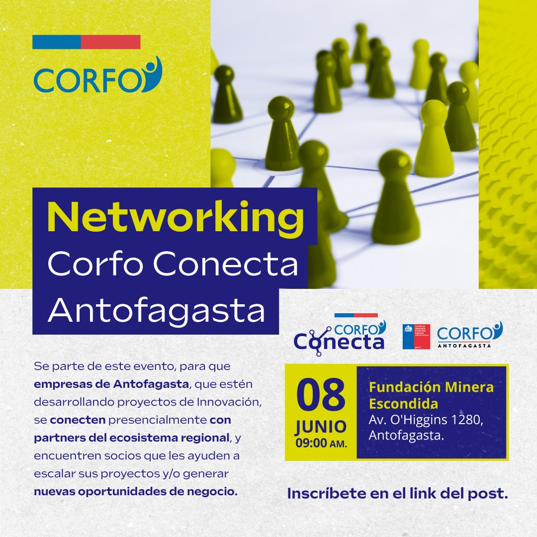 CorfoAntofa's tweet photo. Participa de las diferentes actividades de #CorfoConecta🔁 Espacio de networking donde encontrarás a las instituciones del Ecosistema de Emprendimiento e Innovación.
Inscríbete en https://t.co/xIDM5mYC9p https://t.co/uyOjmJ0t9T