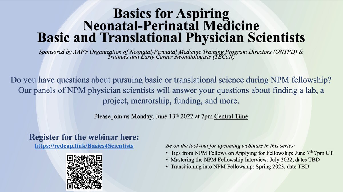 Calling all #PedsRes #DoubleDocs & future #NeoIntensivists  for the 2022 NICU match!

Learn more about the amazing basic & translational research opportunities  in Neonatology 
#NeoTwitter #NeoMatch2022 #nicufellowship @AAPSOPT @Phys_Scientist @the_asci @AABlackPS @NeoTECaN