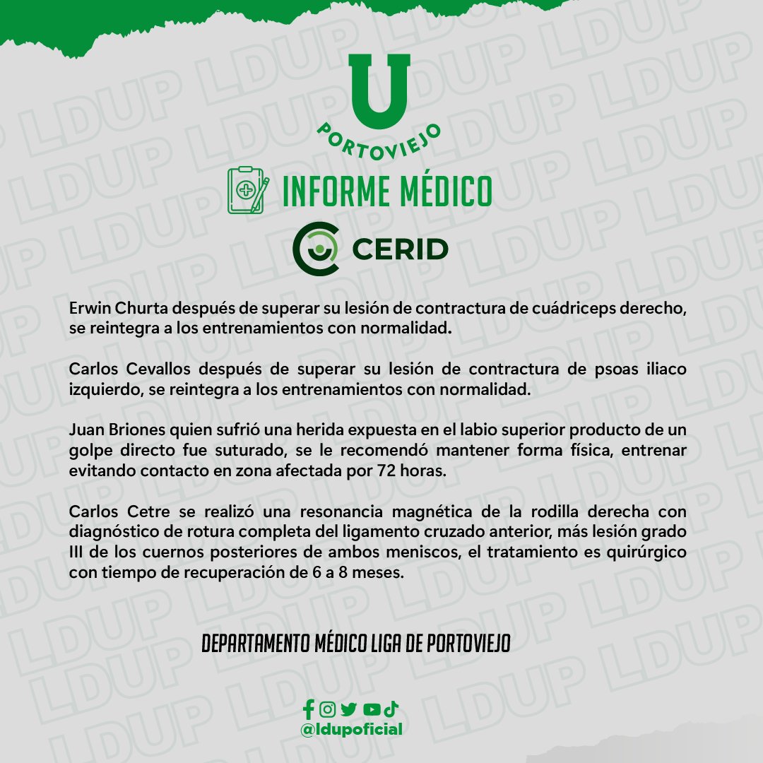 LDUPoficial's tweet photo. Informe médico #CERID 📝
#InformeMédico #Cerid #LDUP2022💚🤍 https://t.co/RimaqattuV