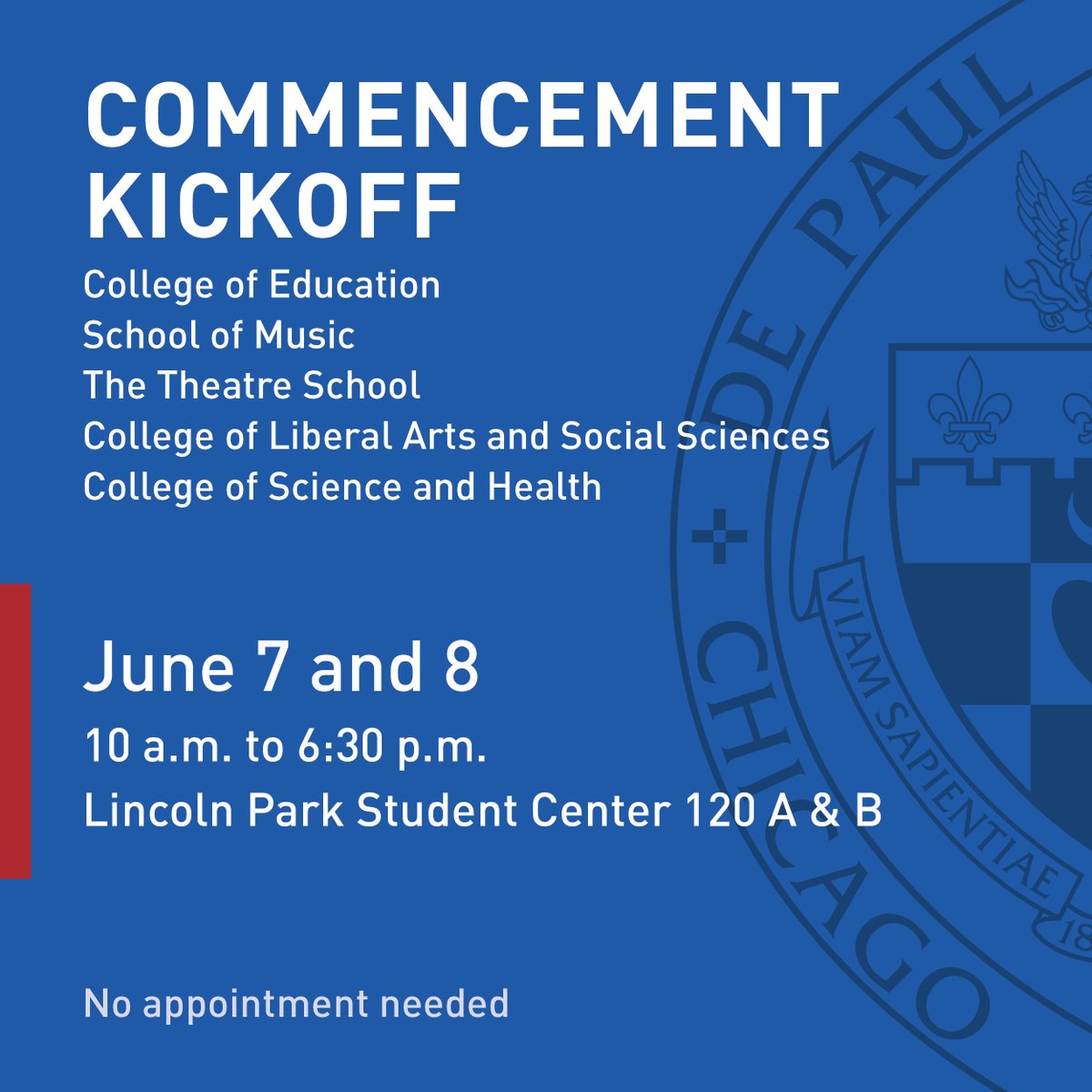 DePaul Newsline (@depaulnewsline) on Twitter photo Attn Class of 2022 grads from <a href="/DePaulCSH/">College of Science and Health</a> <a href="/DePaulLAS/">DePaul College of Liberal Arts & Social Sciences</a> <a href="/TheatreSchool/">The Theatre School at DePaul University</a> <a href="/DePaulSOM/">DePaul University School of Music</a> <a href="/DePaulCOE/">DePaul University</a>: Commencement Kickoff starts tomorrow! Stop by to pick up your regalia, tickets and more. No appointment needed. Attn Class of 2022 grads from <a href="/DePaulCSH/">College of Science and Health</a> <a href="/DePaulLAS/">DePaul College of Liberal Arts & Social Sciences</a> <a href="/TheatreSchool/">The Theatre School at DePaul University</a> <a href="/DePaulSOM/">DePaul University School of Music</a> <a href="/DePaulCOE/">DePaul University</a>: Commencement Kickoff starts tomorrow! Stop by to pick up your regalia, tickets and more. No appointment needed.