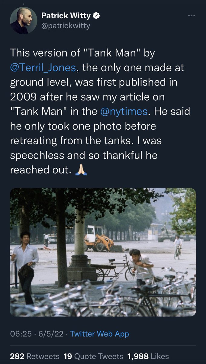 I need to pay more attention to Twitter. Former NYTimes photo editor <a href="/patrickwitty/">Patrick Witty</a> tweeted my June 1989 photo of the Man vs Tank photo from Tiananmen Square  yesterday, and it’s been retweeted 301 times already.