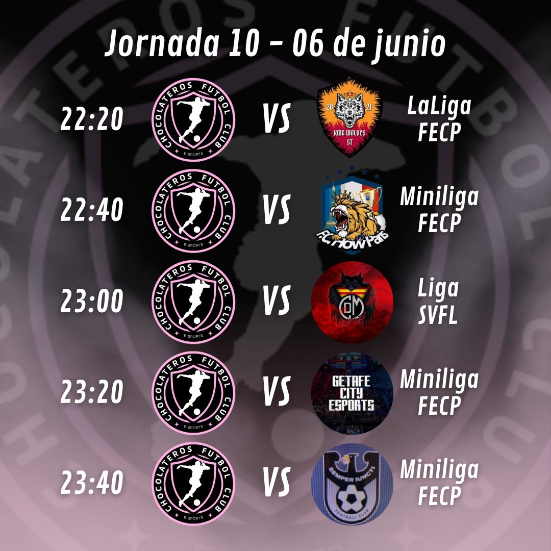 MATCH DAY!🔥⚽️🍫
22:20 🆚 <a href="/KingWolvesStree/">King Wolves Street</a> (LaLiga 🇪🇸 @fecp_ps4 )
22:40 🆚 <a href="/FLOWPARIS2022/">F.C. FLOW PARIS</a> (Miniliga FECP)
23:00 🆚 <a href="/cdmasnouesports/">CD MASNOU ESPORTS</a> (@SVFL_Liga )
23:20 🆚 @getafecity_ES (Miniliga FECP)
23:40 🆚 <a href="/CachopoTeam/">Cachopo FC</a>  (Miniliga FECP)