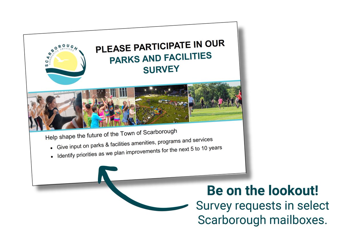 🔔Scarborough Residents! If you see this postcard in your mailbox, take a few minutes to respond to the linked survey. Share your thoughts on parks, facilities, &amp; programs to give direction to priority improvements as we begin to develop a Parks &amp; Facilities Master Plan.