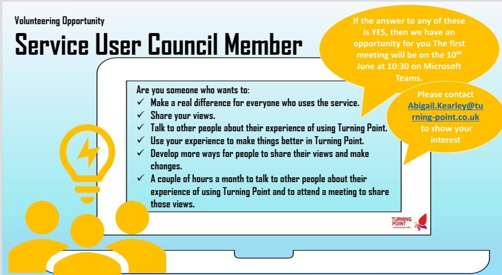 Do you want to make a difference to your local alcohol &amp; Substance use treatment services. Come and join the service user Council, tell those that are ready to listen to what you want. 
#serviceusercouncil 
#yourvoicecounts 
#yourvoicehaspower