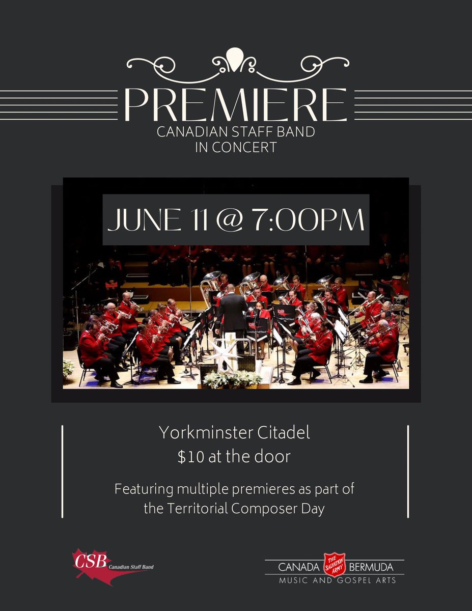 MAVenables91's tweet photo. This Saturday! Looking forward to this concert. Premiering a couple new pieces and I’m finally playing @SCreamer_1985 cornet solo with the @CSB_SA! 

#brassband #concerts #TorontoEvents https://t.co/q9Q0TFA8uP