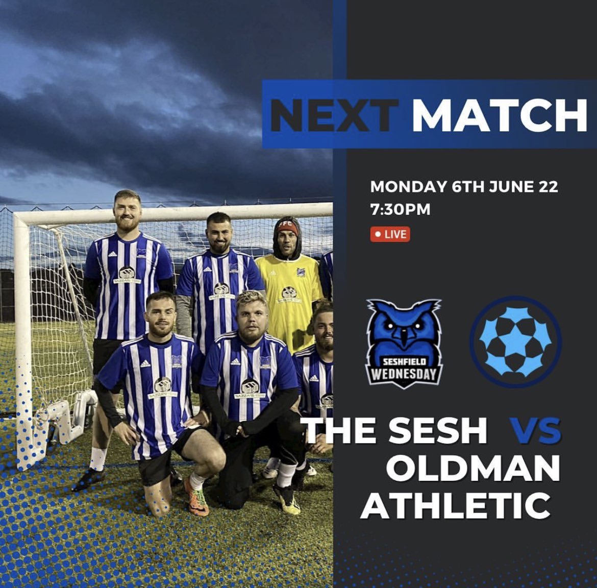 Seshwednesdayfc's tweet photo. FINALLY A GAME!! We try again  after weeks of no game because teams not turning up 🥱 fingers crossed for tonight🤞🏼 

🔵 MATCHDAY ⚪️

🆚 Oldman Athletic
⏱ Kick-off 7:30pm 
🎥 Live on Facebook

🦉 Up the Sesh 

Ciarz is back too🫣🥰

#Sesh #6Aside #Nottingham #Football https://t.co/DnnYNQobKB