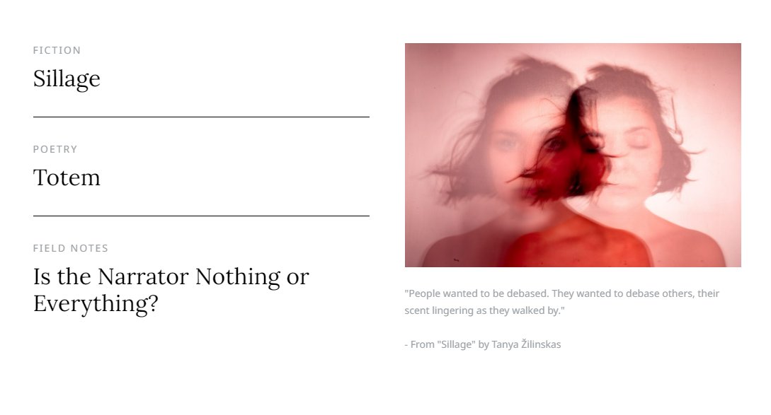 ✨This Week on Porter House Review✨

Fiction: "Sillage" by Tanya Žilinskas (<a href="/TanyaZilinskas/">Tanya Žilinskas</a>)

Poetry: "Totem" by Kryston Lopez (@kalamityKryston) 

Nonfiction: "Is the Narrator Nothing or Everything?" by Véronique Darwin (<a href="/veroniquedarwin/">Veronique Darwin</a>)

porterhousereview.org