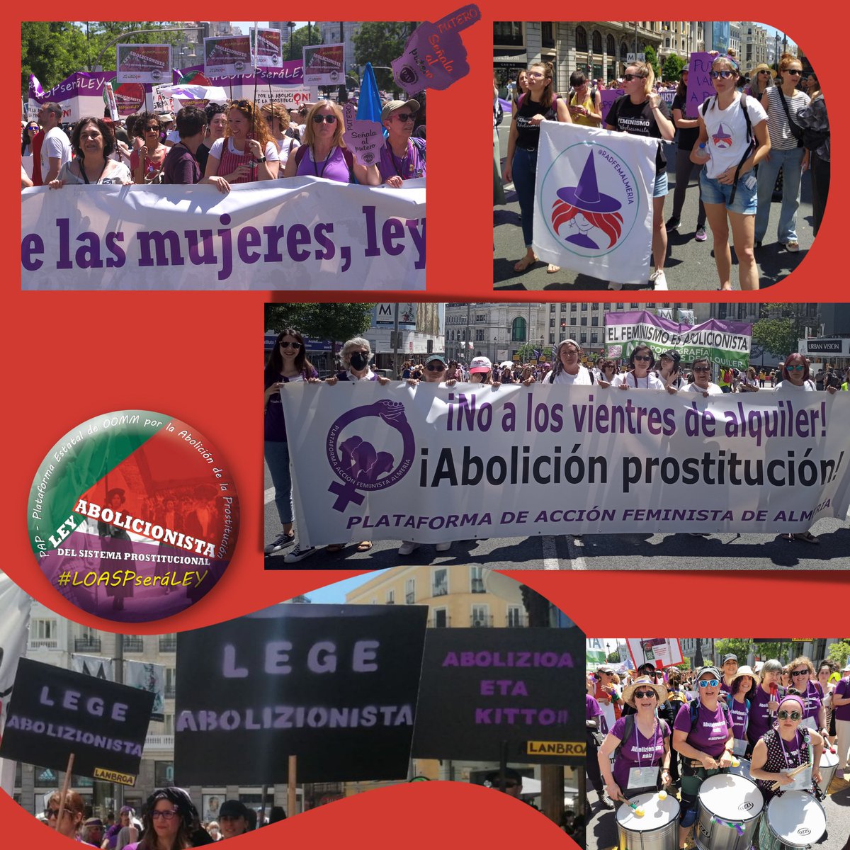 Abolicion_Prost's tweet photo. 🪧 ¡Abolición de la prostitución. No a los vientres de alquiler! @PlaFeministaAl con @radfemalmeria
🪧 Señala al putero @MalvaValladolid con PAV
🪧 ¡Abolizioa eta kitto! @CLanbroa y su banda de tamboras con sus letras abolicionistas
#LOASPseráLEY  
#28mAbolicionista https://t.co/U0tWQVBNCF