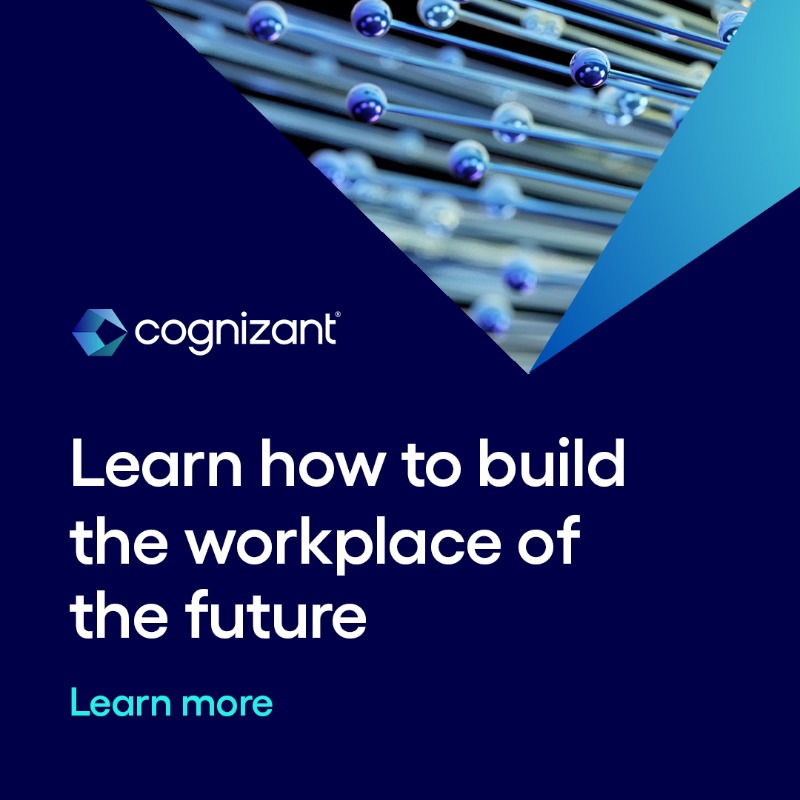 Cognizant's tweet photo. Learn why the workplace of the future will be driven by purpose, inclusivity and sustainability—and why it’s critical to attracting tomorrow’s talent. #NetZero #FutureofUs #IntuitionEngineered
