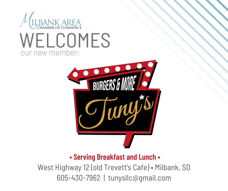 Welcome to our new Milbank Area Chamber member: Tuny's.
 • Serving Breakfast and Lunch •
#newmembermonday #milbanksd #milbankchamber #milbankstrong
