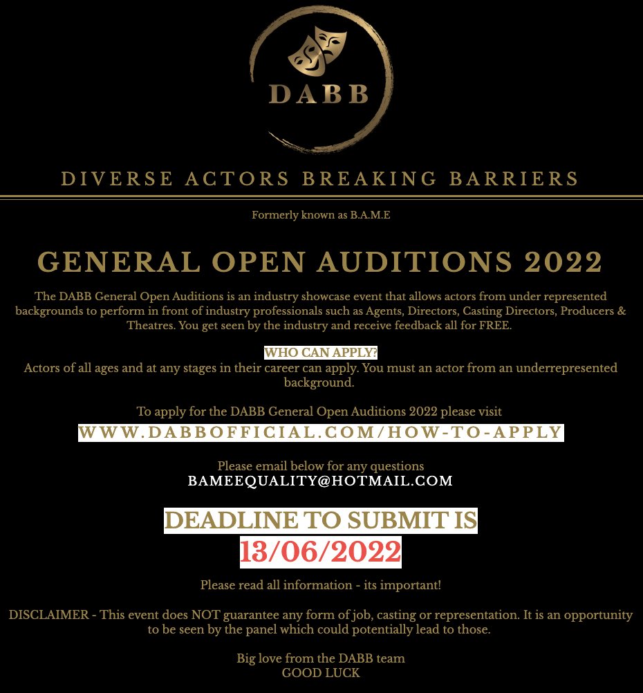 DABB (@dabbofficial_) on Twitter photo ❗️DABB GENERAL OPEN AUDITIONS 2022❗️
Submissions are now open till 13th June.
Thanks to <a href="/FlairBoxCo/">FlairBox.co</a> for making the submission process so easy!
dabbofficial.com/how-to-apply
We also have tips on general auditions -
dabbofficial.com/auditiontips
Do share with anyone suitable! ❗️DABB GENERAL OPEN AUDITIONS 2022❗️
Submissions are now open till 13th June.
Thanks to <a href="/FlairBoxCo/">FlairBox.co</a> for making the submission process so easy!
dabbofficial.com/how-to-apply
We also have tips on general auditions -
dabbofficial.com/auditiontips
Do share with anyone suitable!