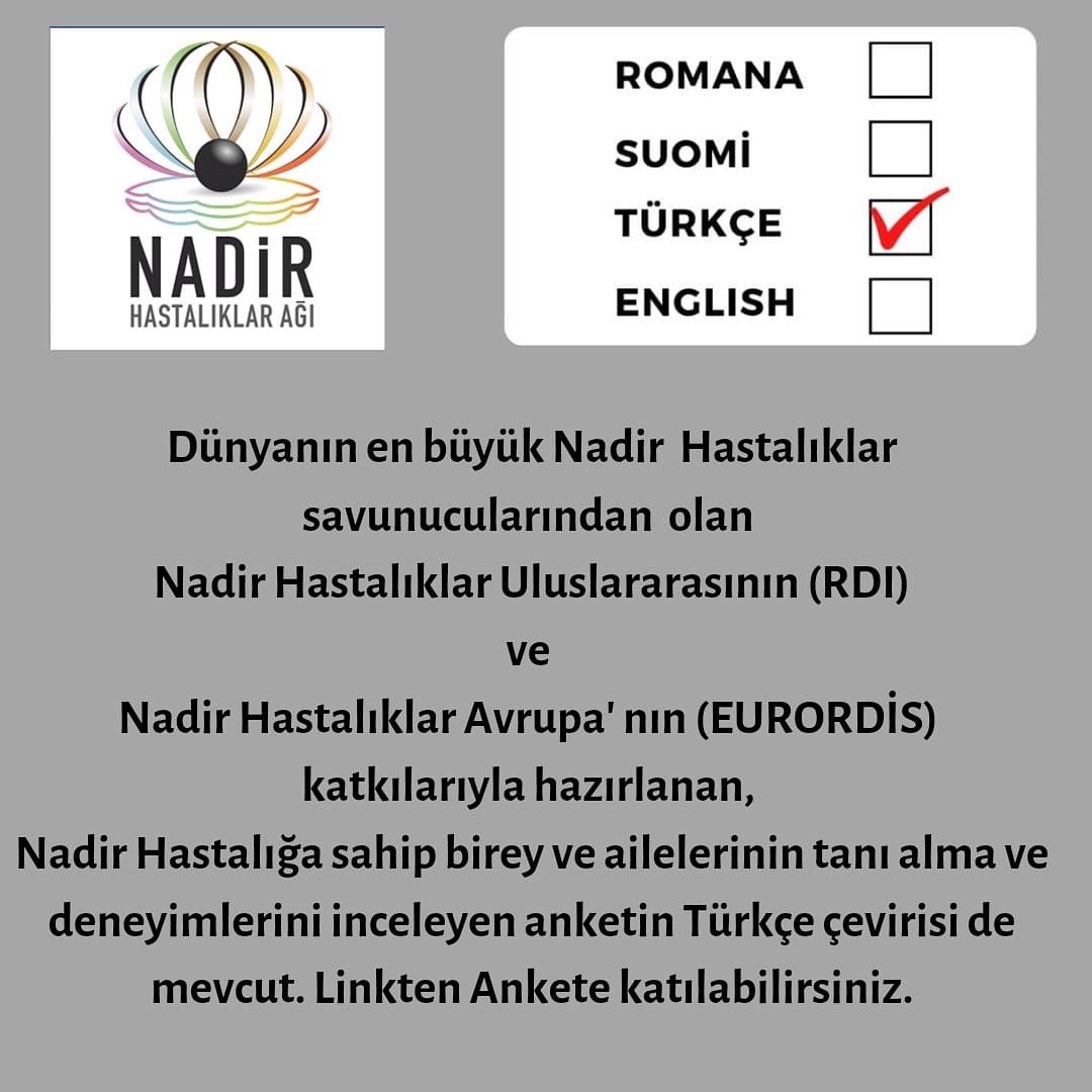 📣Nadir Hastalıklar Uluslararası'nın (RDI) ve Nadir Hastalıklar Avrupa (EURORDIS)'in katkıları ile oluşturulan ve nadir hastalığa sahip bireylerin ve ailelerinin tanı alma deneyimlerini inceleyen anketin Türkçe versiyonuna tiny.cc/survey_diagRD linkinden erisebilirsiniz!