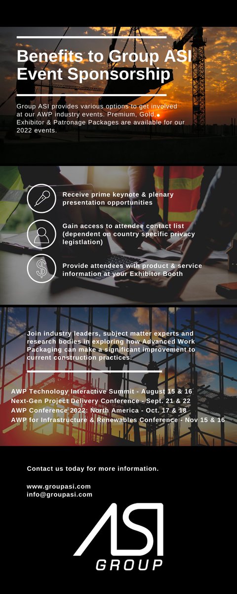 GroupASI's tweet photo. Thinking about sponsorship? Here are just a few of the benefits. For more information, check out https://t.co/9CAdRJR4NY #awp #advancedworkpackaging #constructionindustry #conferences #professionaldevelopment https://t.co/sV007xtNNV