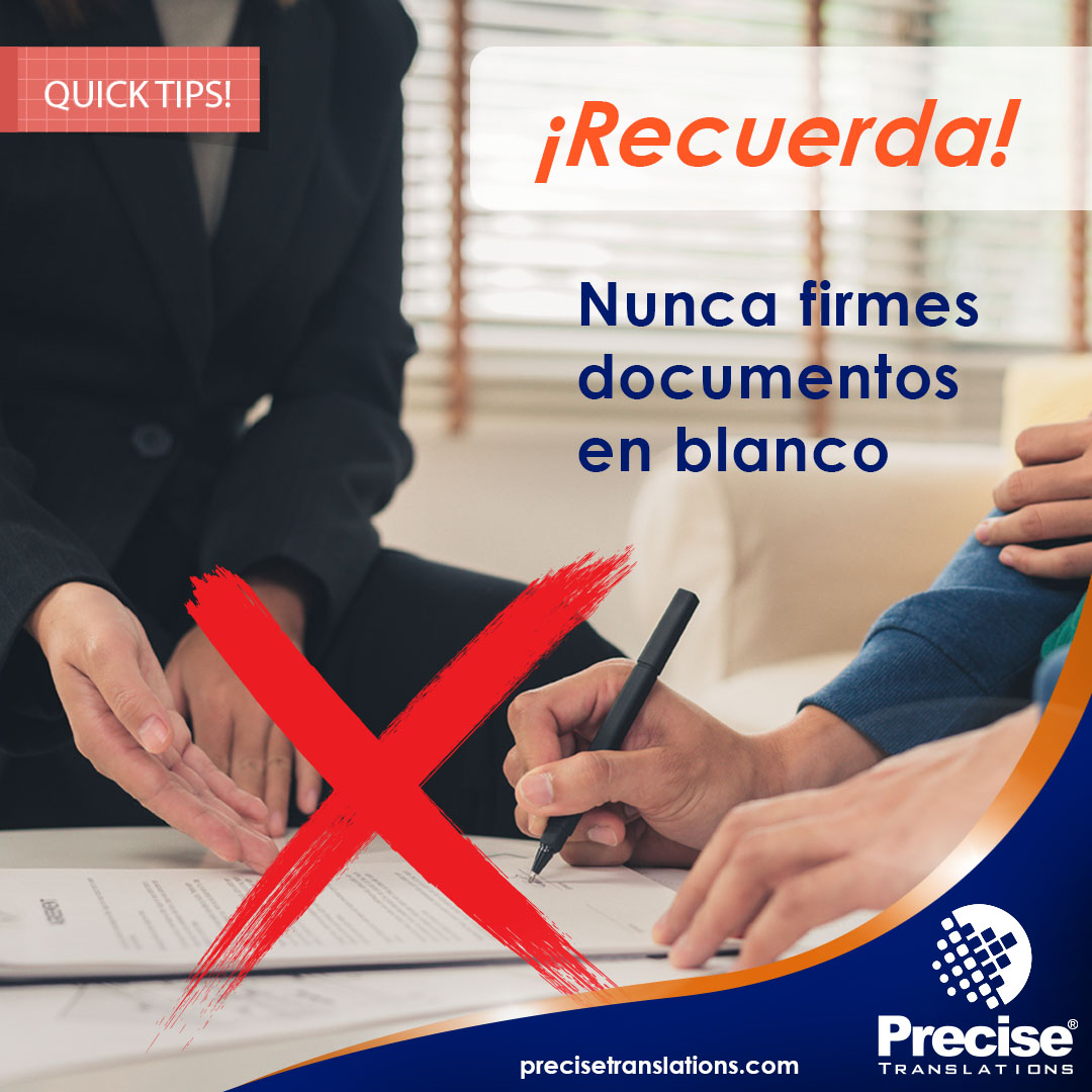 precisatrad's tweet photo. Formularios sin llenar, documentos en otros idiomas o simplemente una hoja en blanco, te puede poner en desventaja para cualquier negociación. Solicita que se llenen todos los campos antes de firmar. Si está en otro idioma ¡Nosotros te ayudamos! 👉✍🏼📝
#SomosPrecisos https://t.co/6Mbxu07mRa