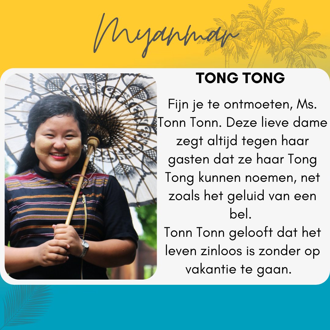 Fijn je te ontmoeten, Ms. Tonn Tonn! 🙂 

Deze lieve dame zegt altijd tegen haar gasten dat ze haar Tong Tong kunnen noemen, net zoals het geluid van een bel.

Tonn Tonn gelooft dat het leven zinloos is zonder op vakantie te gaan. 🧳