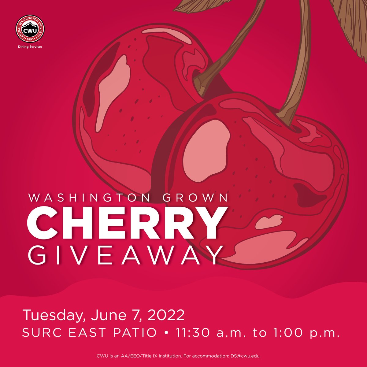 cwueats's tweet photo. Want a break from studying? Come get some free locally grown Washington cherries tomorrow, June 7, 2022, from 11:30 a.m. to 1:00 p.m. at the SURC East Patio. 

#CWU #CWUEats #CWUDining https://t.co/BXlqPzfnQl