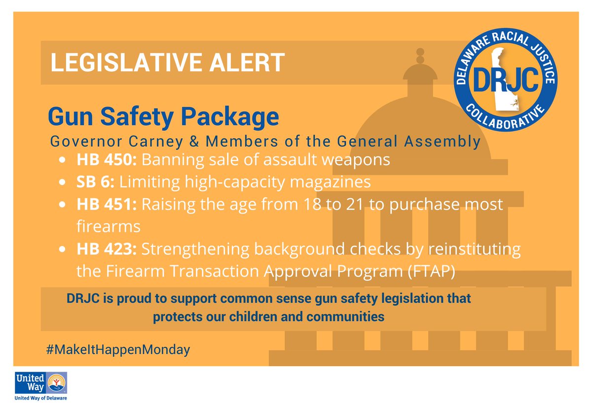 ⚠️Governor Carney and Members of the General Assembly introduced a package of common sense gun safety bills last week that we are PROUD to support!⚠️Stay tuned to join the fight! #MakeItHappenMonday