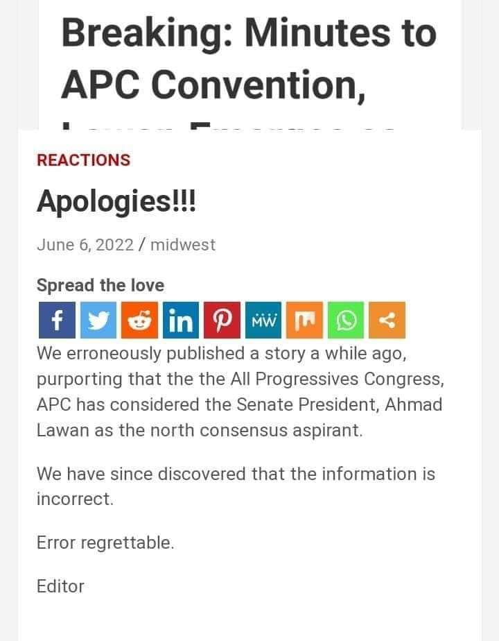 tosinsammy_s's tweet photo. #APCPresidentialPrimaries:

Punch newspaper tendered apology for publishing that Ahamed Lawan is APC Consensus Candidate. https://t.co/RAOjQUZC8S
