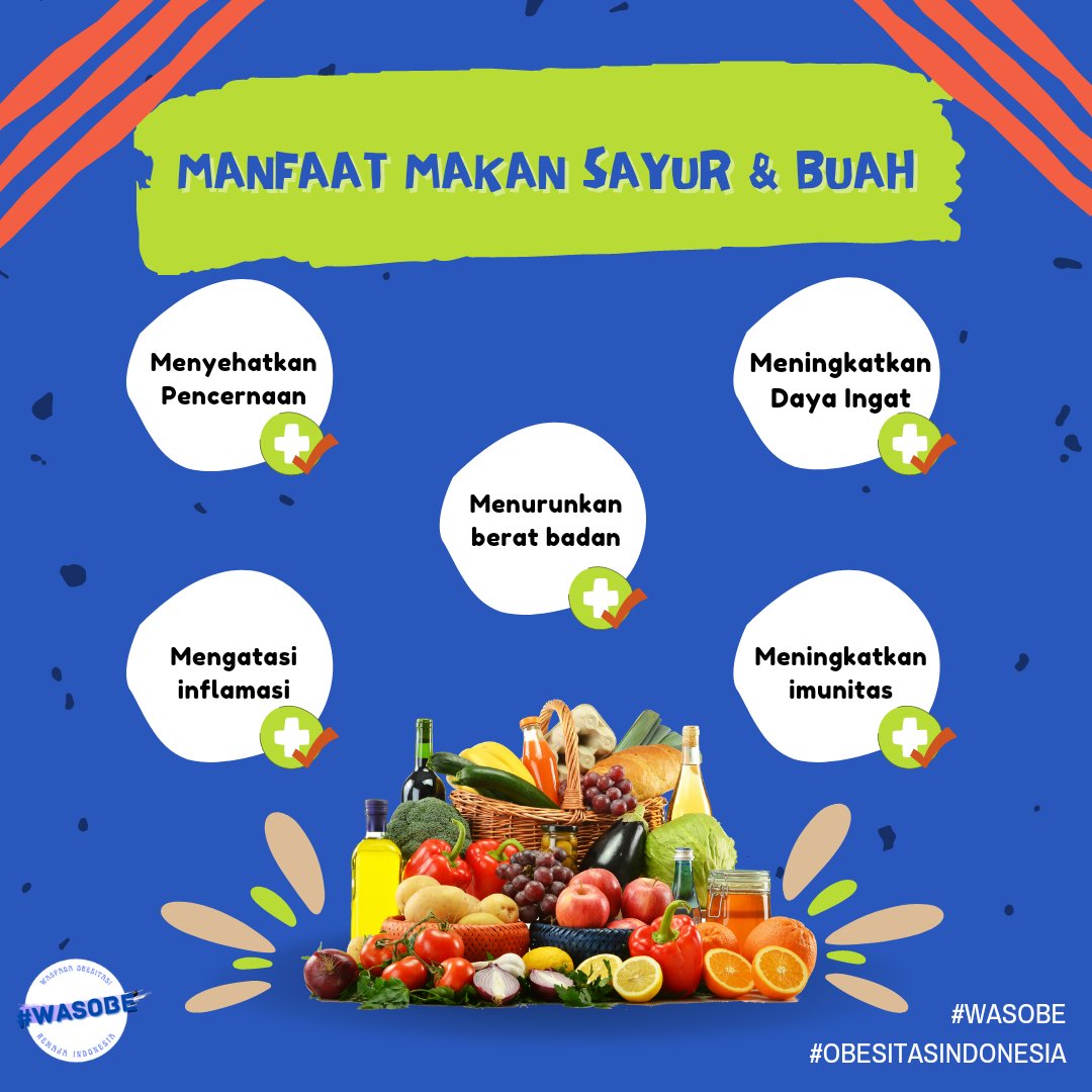 WaspadaO's tweet photo. Buah dan sayur memilki banyak kandungan vitamin, mineral, aktioksidan, serta serat yang tinggi dibanding jenis makanan lainnya. Kandungan tersebut dapat mencegah tubuh dari berbagai macam penyakit. Simak manfaat makan sayur &amp; buah pada gambar:)
#WASOBE
#OBESITASINDONESIA https://t.co/rIjVTCs6Jd