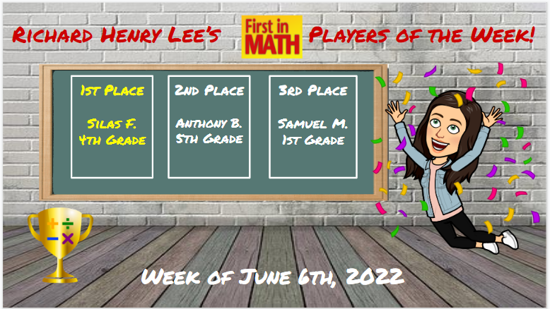 RHLeeMath's tweet photo. Congratulations to our top three teams of the week and our top three students for the week of June 6th! Keep up the great work!! 
@RHLeeESAACPS @AACPS_PK5Math @FirstInMath https://t.co/PTfgnMqQA4
