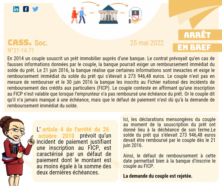 📍Arrêt en bref 📍

Aujourd'hui, la Cour de cass confirme que l'inscription au FICP est proportionnée en cas de déclarations mensongères concernant les contrats de prêts bancaires ! 🔍

Merci <a href="/Alemanoz_art/">Alemanoz 🌰✨ (en pause)</a> pour l'illustration ! 👀

#legaldesign #baronsdudroit #teamjuriste #droit