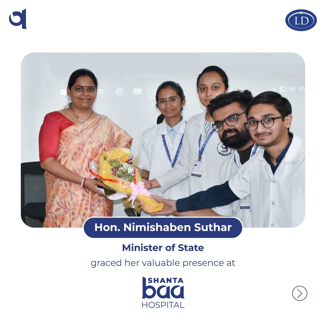 ShantabaaHosp's tweet photo. Shantabaa General Hospital is elated to welcome Hon. Nimishben Suthar, Minister of State - Tribal Development, Health and Family Welfare, Medical Education, Government of Gujarat on the occasion of the 50th Anniversary of Laxmi Diamond. https://t.co/YKk77QTvvq