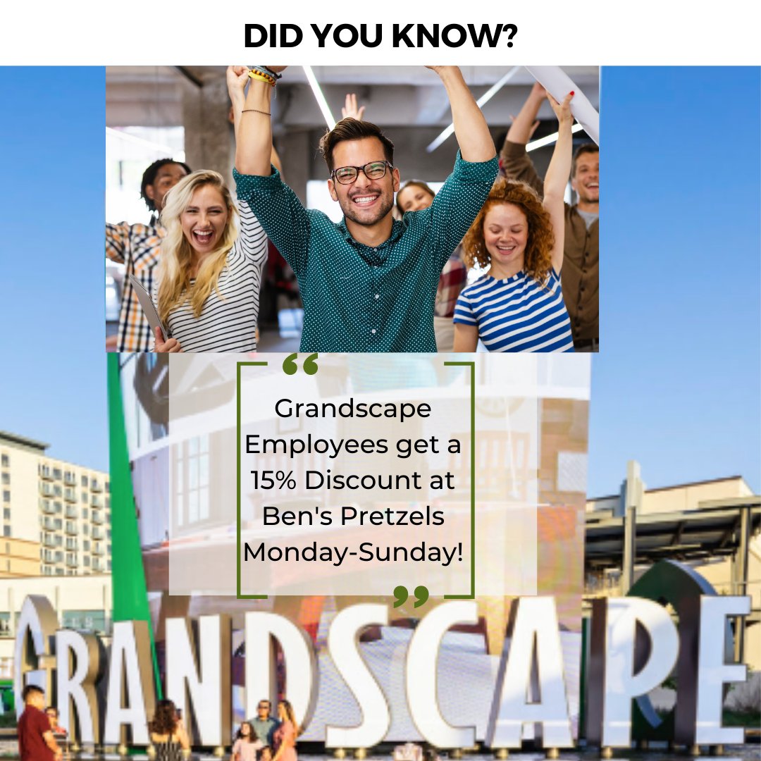 benspretzelstx's tweet photo. Grandscape employees get a 15% discount Monday-Sunday! Come try our freshly made pretzels and enjoy the tasty experience ๐
Have a pretzel ๐ฅจ Day!
#benspretzels #grandscapetx #supportlocalbusiness #thecolonytx #nowopen #dallas #dallastx #thecolony #thecolonytx #exploregrandscape https://t.co/x9TKpG9iyK