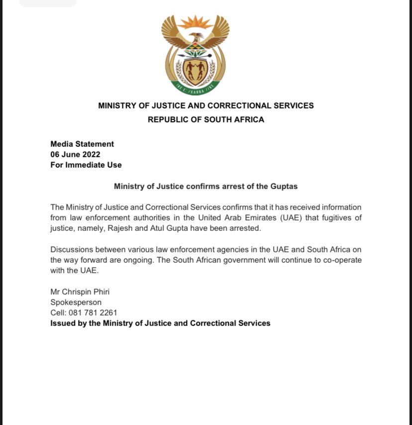 Media Statement : Ministry of Justice confirms Gupta arrest