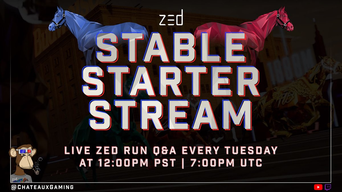 Well friends, seems like it's finally time to fire up the ol' weekly #onboarding stream. 

Send your parents or your right-click-save friends or just come hang out and play @Zed_Run Tuesdays at Noon PST on YouTube &amp; Twitch 🐎🚀🌖

youtube.com/c/ChateauxZed
twitch.tv/chateauxgaming