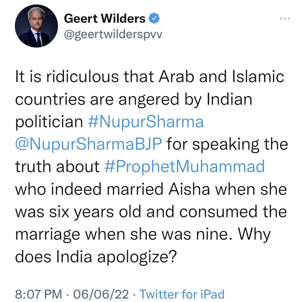 AsYouNotWish's tweet photo. Dutch parliamentarian Geert Wilders reacts to the alleged blasphemy committed by BJP spokesperson Nupur Sharma. https://t.co/VIRCw5v62b