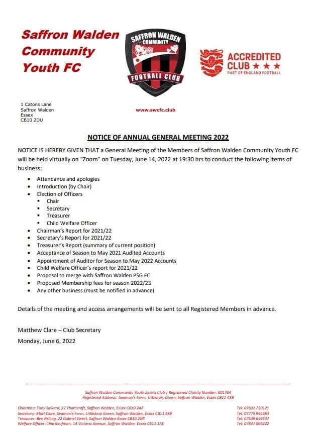 Saffron Walden Community FC on Twitter "AGM NOTICE TUESDAY, JUNE 14