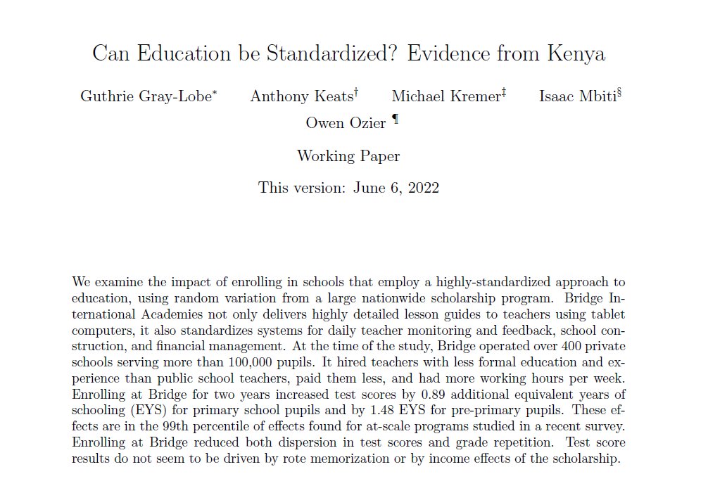 OwenOzier's tweet photo. New Working Paper: "Can Education be Standardized? Evidence from Kenya." https://t.co/6fdNEm4Eou   With @LobeGray , Anthony Keats, Michael Kremer, Isaac Mbiti. A short 🧵tagging many whose work has made this possible: @DIL_UChi @AW_Baker @ecupito @Shubhalakshmi9 @JoshiMridul9 1/ https://t.co/dXKYkM83oe