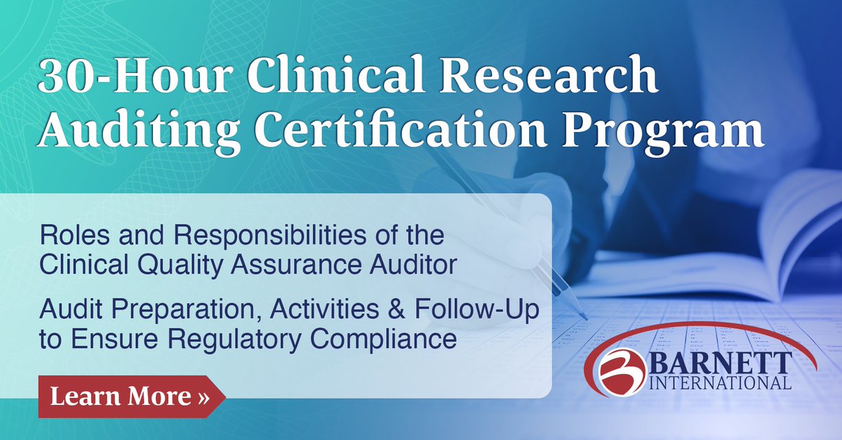 Barnett_Intl's tweet photo. GCP AUDITOR TRAINING: Next offering of one of Barnett's most popular training courses begins this Thursday! Don't miss out: https://t.co/G0r5lUvR79
#clinicalstudies #clinicalresearchauditing #clinicalresearchtraining #clinicalresearch #clinicaltrials #gcpauditor https://t.co/o2YXibxjpi