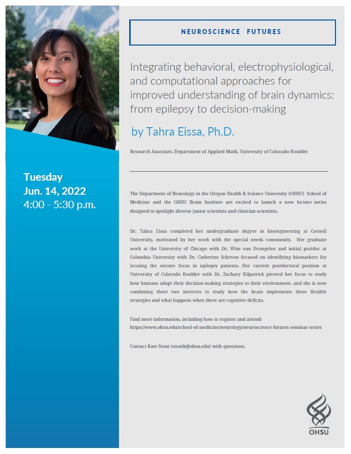 Anusha Mishra (@mishra_cbf_lab) on Twitter photo Our next #NeuroscienceFutures speaker is Dr. Tahra Eissa, Ph.D. <a href="/EissaTahra/">Tahra Eissa</a>
Tuesday, June 14
4-5 pm PST
More details here: ohsu.edu/school-of-mediβ¦
Registration requested (but not required)
<a href="/OHSUBrain/">OHSU Brain Institute</a> <a href="/OHSUbrains/">OHSU Brains</a> Our next #NeuroscienceFutures speaker is Dr. Tahra Eissa, Ph.D. <a href="/EissaTahra/">Tahra Eissa</a>
Tuesday, June 14
4-5 pm PST
More details here: ohsu.edu/school-of-mediβ¦
Registration requested (but not required)
<a href="/OHSUBrain/">OHSU Brain Institute</a> <a href="/OHSUbrains/">OHSU Brains</a>
