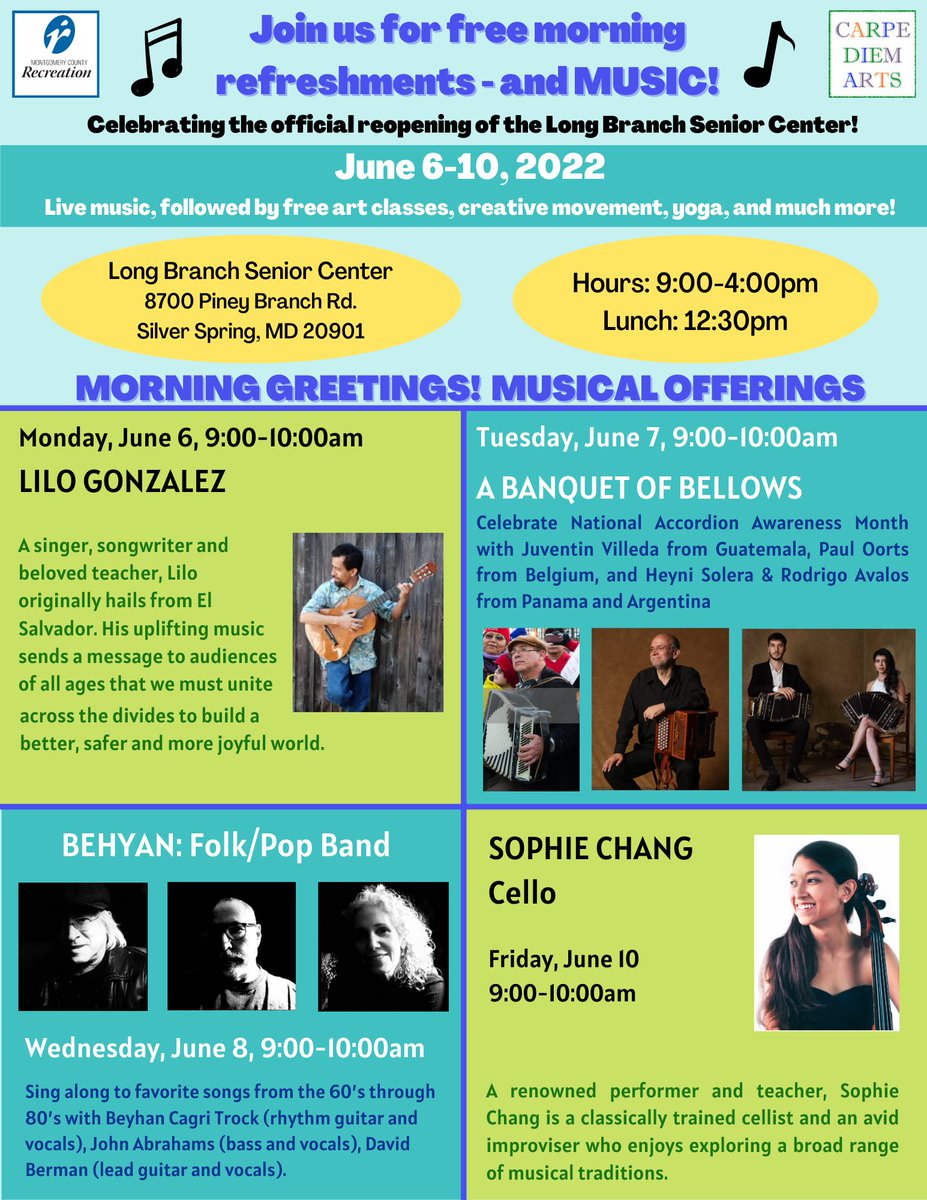 Celebrate the official reopening of the Long Branch Senior Center at 8700 Piney Branch Rd. Free morning refreshments---and MUSIC! 

June 6-10 - 9:00-10:00am: Live music
Followed by free art classes, creative movement, yoga, and much more!

montgomerycountymd.gov/rec/facilities…