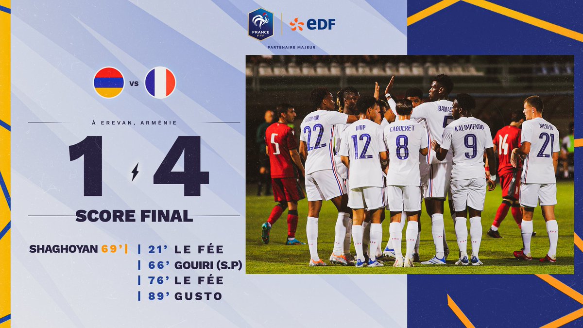 EDF_Foot's tweet photo. Au terme d’un match maîtrisé, les Bleuets s’imposent en Arménie et sont plus que jamais en route vers la qualification pour le prochain Championnat d’Europe ⚡ #ARMFRA #EnergieduFoot https://t.co/rgrFTwnR47