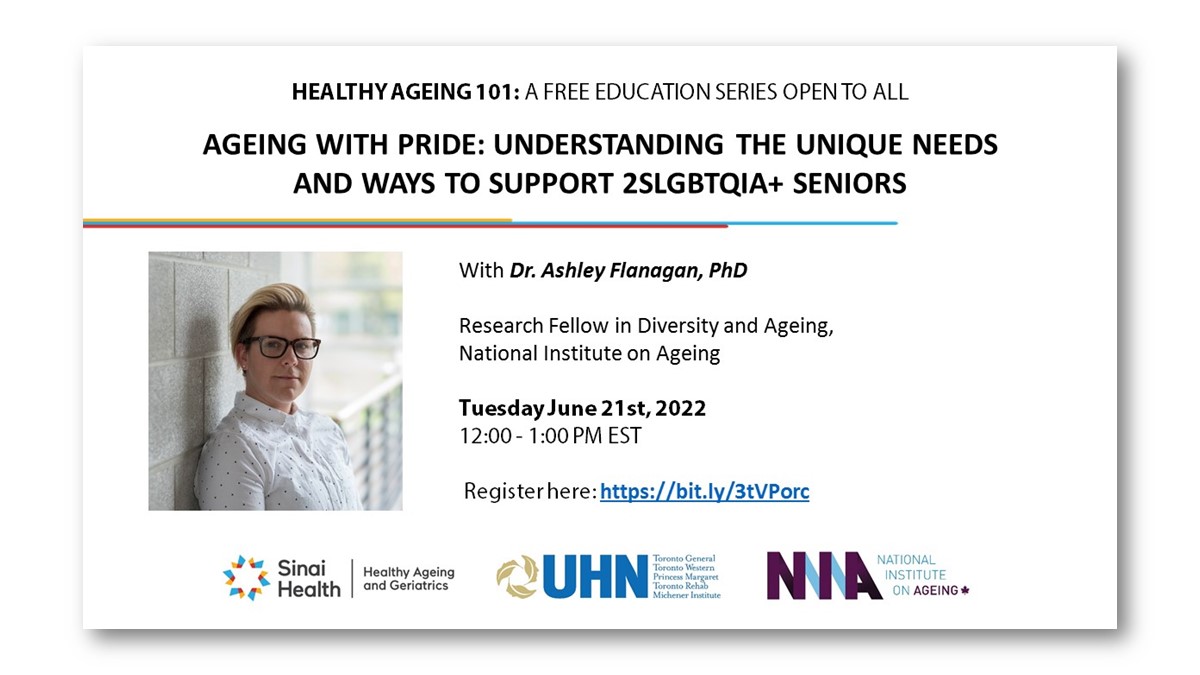 SinaiGeriatrics's tweet photo. Our June Healthy Ageing 101 webinar is now open for registration! Join us on June 21st for "Ageing with Pride: Understanding the Unique Needs and Ways to Support 2SLGBTQIA+ Seniors" hosted by @DiverseAging. To register, visit: https://t.co/TsnTGtaDI0 #PrideMonth https://t.co/d8qajzbFrl