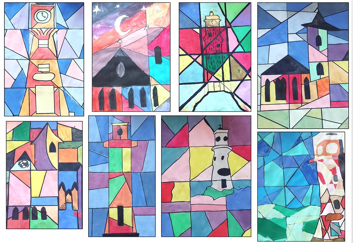THowe40296794's tweet photo. So impressed by the paintings from Y8 pupils exploring colour and portraying buildings in a futuristic style! Da Iawn ✨ @CathaysHigh_Art https://t.co/kseJKjrZZb